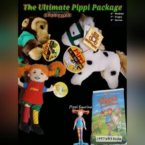 2 Pippi Longstocking Monkey & Horse- Softtoys - Astrid Lindgren- + 97 VHS Movie